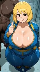 1boy 1boy1girl 1girls ai_generated astrawaifu bbw big_ass big_breasts big_butt big_penis black_eyes blonde_hair chubby_female cleavage curvy curvy_female curvy_figure dark-skinned_male fallout huge_breasts imminent_sex interracial large_breasts large_penis larger_male light-skinned_female looking_at_viewer mature_female pale-skinned_female pawg size_difference thick thick_hips thick_thighs thumbs_up vault_girl vault_suit