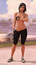 3d abs bare_calves black_eyes black_hair blender calves covering covering_breasts dark-skinned_female dark_skin female female_pubic_hair fingerless_gloves gloves high_resolution makeup muscle muscles muscular muscular_female oasis_(map) overwatch pharah pharah-best-girl pubic_hair running_shoes sportswear teasing