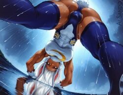 1futa ai_generated ass cameltail cloud costume crescent_print dark-skinned_female dark_skin foreshortening from_below fur_collar gloves highleg_leotard large_ass large_breasts leotard long_eyelashes long_hair mirko muscular muscular_female my_hero_academia nipple_outline penis penis_under_clothes purple_thighhighs rabbit_ears rabbit_girl raining red_eyes reflection sleeveless sleeveless_leotard solo solo_futa superheroine testicle_peek testicles thick_thighs thighhighs toned usagiyama_rumi water wet white_gloves white_hair worm's-eye_view