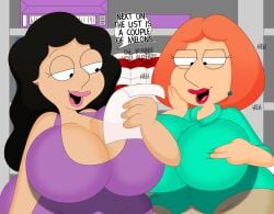 3barts bonnie_swanson breast_grab breasts cleavage clothed earrings family_guy female female_only grabbing_own_breast huge_ass huge_breasts inside large_breasts lois_griffin lust public public_exposure revealing_clothes store yuri