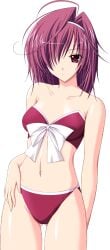 1girls amemiya_amane ass_visible_through_thighs bikini choco_chip cleavage game_cg hair_over_one_eye hairband kateikyoushi_no_onee-san medium_breasts navel pink_hair red_bikini red_eyes red_swimsuit short_hair solo standing swimsuit white_hairband