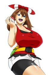 47k bag belt blue_eyes breasts cleavage clothed female female_only huge_breasts human human_only looking_down may_(pokemon) may_(pokemon_oras) nintendo png png_file poke_ball pokemon pokemon_oras shorts smile solo tagme transparent_background