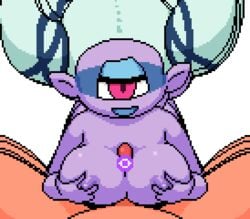 1boy akai_(ugokashitari) animated bouncing_breasts breasts censored cyclops female fuumin insomni large_breasts lowres monster_girl nipples novelty_censor one-eyed paizuri penis pixel_art pointy_ears purple_skin youkai youkai_watch yōkai