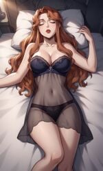 1girls ai_generated bigmic145 blue_dress braid breasts castlevania castlevania_(netflix) hair_ornament lenore_(castlevania) lips long_hair medium_breasts negligee orange_hair panties see-through see-through_clothing sleeping vampire vampire_girl wavy_hair