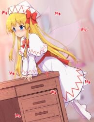 barefoot blonde_hair blue_eyes blush bow crotch_rub desk dress fairy_wings female female_masturbation hat highres lily_white long_hair masturbation masturbation_through_clothes red_bow solo table_humping teoi_(good_chaos) touhou white_dress wings