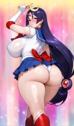 1girls armwear ass big_ass big_breasts bishoujo_senshi_sailor_moon blue_skirt blush breasts clothing cosplay ear_piercing earrings fate/grand_order fate_(series) female female_only gloves hair headwear holding_object huge_ass huge_breasts large_breasts legwear long_hair looking_back mature mature_female mature_woman milf minamoto_no_raikou_(fate/grand_order) panties purple_eyes purple_hair raskasar ribbon sailor_moon_(cosplay) sailor_uniform short_skirt skirt solo solo_female thick_thighs thighs tiara wand white_panties