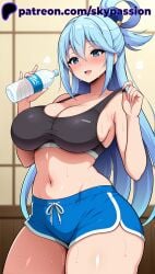 1female 1girls 1woman 2025 2d ai ai_assisted ai_generated alternate_costume anime anime_girl anime_style aqua_(konosuba) aqua_hair arstist_name bare_shoulders black_sports_bra blue_eyes blue_hair blue_shorts blush bottle breast_focus breasts breasts_focus cleavage collarbone cowboy_shot dolphin_shorts female female female female_focus female_only gym gym_clothes gym_shirt gym_uniform hair_between_eyes hair_ornament hair_rings hi_res high_quality high_resolution highres holding holding_bottle indoors konosuba large_breasts long_hair looking_at_viewer midriff navel open_mouth patreon patreon_username seductive seductive_look seductive_pose short_shorts shorts single_hair_ring skypassion smile solo solo_focus sports_bra stable_diffision stomach strap_pull sweat thick_thighs thighs water_bottle watermark woman_focus woman_only