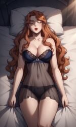 1girls ai_generated bigmic145 blue_dress braid breasts castlevania castlevania_(netflix) hair_ornament lenore_(castlevania) lips long_hair medium_breasts negligee orange_hair panties see-through see-through_clothing sleeping vampire vampire_girl wavy_hair