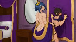 2boys against_surface against_wall ahe_gao ahegao_face almost_naked ass bazzasmr bedroom bedroom_background bedroom_setting bent_over blue_eyes blue_hair blush bottomless brown_hair femboy femboysub fucked_from_behind grabbing_ass grabbing_from_behind grabbing_sheets hair_over_eyes implied_anal implied_penetration implied_sex looking_at_viewer looking_back maid_outfit male medieval medieval_clothing naked rae_san reagan_san robe royalty servant unveilednsfw