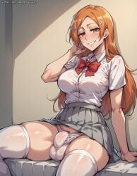 1futa ai_generated bleach bleach:_the_thousand-year_blood_war bluebewwy breasts brown_eyes bulge flaccid futanari half-closed_eyes inoue_orihime long_hair looking_at_viewer orange_hair panties penis school_uniform shirt simple_background sitting skirt small_penis smile solo stockings