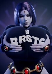 alternate_breast_size big_breasts bouncing_breasts busty facing_viewer glaring goth massive_breasts rachel_roth raven_(dc) scrag_boy solo_female teen_titans text_on_clothing voluptuous