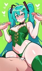 5_fingers ai_generated aqua_eyes aqua_hair aqua_nails bangs bowtie collar cowgirl_position crossed_eyes cum cum_drip cum_dripping cum_in_pussy cum_inside dominant dominant_female double_handjob drool drooling foursome green_background green_bowtie green_thighhighs handjob hatsune_miku medium_breasts nipple_slip pixai saint_patricks_day sex simple_background slim_waist smile thick_thighs thighhighs twintails vocaloid