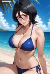 ai_generated bangs bare_shoulders beach bikini black_hair bleach bleach:_the_thousand-year_blood_war blue_bikini blue_sky blush breasts cleavage cloud collarbone dandanhub day female hair_between_eyes jewelry kuchiki_rukia large_breasts looking_at_viewer mole mole_on_breast navel necklace ocean outdoors parted_lips purple_eyes short_hair side-tie_bikini_bottom sitting sky smile solo swimsuit thighs water