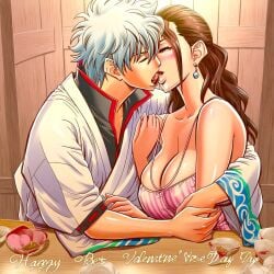 ai_generated anime asian blush brown_hair casual_clothes chocolate chocolate_kiss cleavage clothing crossover crossover_pairing cuddling dancer delicious dreson earrings european fantasy female french_kiss gintama gintoki_kiss_viola gintoki_sakata happy_valentine heart_shape hetero indoors kissing large_breasts looking_at_another male nai_diffusion one_piece queen samurai shonen_jump tasting tongue tongue_kiss valentine's_day viola_(one_piece) white_hair wood wooden_table wooden_wall