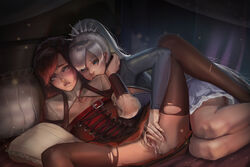 2girls biting_lip blue_dress blue_eyes corset dress female female_only highres hoobamon multicolored_hair multiple_girls mystral_outfit pussy pussy_juice ruby_rose ruby_rose_(mystral) rwby scar scar_across_eye silver_eyes skirt spread_legs thighhighs torn_clothes torn_thighhighs two-tone_hair weiss_schnee weiss_schnee_(mystral) white_hair yuri