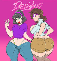 1boy ass_cleavage big_ass big_breasts big_lips big_thighs bimbo black_hair brown_eyes brown_hair butt_crack dd_(dsan) dsan earrings female glasses green_eyes hands_on_hips headband hourglass_figure huge_thighs janet_(dsan) jeans large_thighs looking_at_viewer looking_back masive_thighs plump puffy_nipples purple_shirt red_lipstick short_hair short_shorts sideboob text thick_thighs thighhighs thong thunder_thighs thunderthighs tight_clothing trap voluptuous white_shirt wide_hips yellow_panties