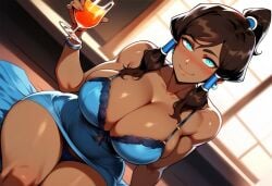 1girls ai_generated big_breasts blush brown_eyes brown_hair brown_skin cleavage glass king_ai korra lenceria lingerie looking_at_viewer muscular pigtails stable_diffusion the_legend_of_korra