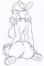 areolae ass back back_view bandana breasts dat_ass female female_only footwear full_body gloves highres huge_ass huge_breasts human human_only kneeling line_art long_hair may_(pokemon) moaja monochrome nintendo nipples pokemon shoes shorts sideboob skin_tight solo tagme tight_clothes topless white_background