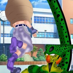 cell_(dragon_ball) cell_vore dragon_ball dragon_ball_gt dragon_ball_z kneesocks lifted_by_another pan_(dragon_ball) shoes_off soleswallower struggling tail_bulge tail_vore videl vore