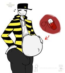 2d baby battr bulge_under_clothes cap fetus happy humor item_asylum joke meme mpreg pale_skin pleased portaboi pregnancy pregnant pregnant_male roblox shopkeeper_(item_asylum) striped_clothing white_background x-ray