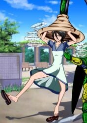 annoyed_expression barefoot bleach cell_(dragon_ball) cell_vore dragon_ball dragon_ball_z kuchiki_rukia lifted_by_another shoes_off soleswallower struggling tail_bulge tail_vore vore