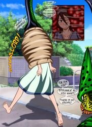 barefoot bleach cell_(dragon_ball) cell_vore dragon_ball dragon_ball_z internal_view kuchiki_rukia lifted_by_another shoes_off soleswallower struggling tail_bulge tail_vore vore worried_face