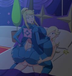 2girls bedroom blonde_hair blue_eyes bodysuit buttjob covered_buttjob crossover futa_on_female futa_wife futanari huge_ass huge_breasts huge_cock intersex mario_(series) metroid nintendo on_bed pregnant princess_rosalina ready_to_pop samus_aran spooky-gh0st super_mario_galaxy zero_suit zero_suit_samus