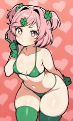 5_fingers ai_generated big_ass blush bra clothed curvy doki_doki_literature_club female four-leaf_clover four-leaf_clover_hair_ornament gloves green_bra green_clothing green_gloves green_panties green_thighhighs hearts_in_background index_finger_raised natsuki_(doki_doki_literature_club) panties pink_background pink_eyes pink_hair pixai saint_patricks_day small_breasts solo solo_female sparkling_eyes thick_thighs thighhighs twintails