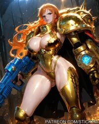 adepta_sororitas ai_generated breasts brown_eyes clothing female female_only gun huge_breasts nami nami_(one_piece) nsfw one_piece orange_hair power_armor sister_of_battle stickyai warhammer_(franchise) warhammer_40k