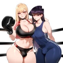 2girls ai_generated arms_behind_back bangs black_hair blonde_hair blush boxing_gloves breasts bulge bulge_through_clothing choker cleavage earrings erection erection_under_clothes eyebrows_visible_through_hair futanari jewelry kitagawa_marin komi-san_wa_komyushou_desu komi_shouko large_breasts long_hair looking_at_viewer mole mole_under_eye multiple_girls navel parted_bangs piercing purple_hair racerai red_eyes smile sono_bisque_doll_wa_koi_wo_suru sports_bra sweat tank_top testicles yuri