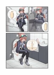 1girls bladder_gauge fully_clothed googles have_to_pee jacket jeans omorashi original peeing rune_(dualhart) rune_(pixiv_25170019) solo_female toilet toilet_use urination