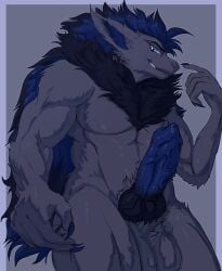 2025 5_fingers absurd_res animal_genitalia animal_penis anthro backsack balls balls_tuft bedroom_eyes bexx big_penis blue_eyes blue_hair blue_penis canid canine canine_genitalia canine_penis chest_tuft claws digital_drawing_(artwork) digital_media_(artwork) ears_back fingers fur generation_5_pokemon genitals glistening glistening_genitalia glistening_penis grey_background grey_balls grey_body grey_fur hair hi_res knot long_hair looking_at_viewer male mammal musclegut muscular nails narrowed_eyes nintendo penile penis pivoted_ears pokemon pokemon_(species) presenting presenting_penis saggy_balls seductive simple_background smile smiling_at_viewer smirk smirking_at_viewe solo tuft zoroark