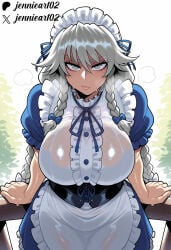 1girl against_railing ai_generated alternate_breast_size alternate_costume apron artist_name black_corset blue_dress blue_ribbon bow braid breasts closed_mouth clothing corset dress female frilled_apron frills grey_eyes grey_hair hair_between_eyes hair_bow headdress headwear izayoi_sakuya jennieart02 large_breasts long_hair looking_at_viewer maid maid_apron maid_headdress patreon patreon_logo patreon_username puffy_short_sleeves puffy_sleeves railing ribbon see-through short_sleeves solo sweat twin_braids twitter twitter_username uniform very_long_hair waist_apron watermark web_address wet wet_clothes white_apron