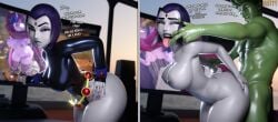 3d backshots beast_boy big_ass big_breasts blender cartoon_network dc dc_comics green_hair green_skin grey_skin large_ass large_breasts my_little_pony purple_eyes purple_hair raven_(dc) smitty34 standing standing_sex teen_titans thick_thighs wide_hips