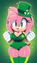 5_fingers ai_generated amy_rose anthropomorphic big_breasts busty clothed clover curvy dress female four-leaf_clover gloves green_background green_dress green_eyes green_eyeshadow green_hairband green_lipstick green_thighhighs green_top_hat hedgehog hedgehog_girl minidress pink_fur pink_hair pixai saint_patricks_day smiling_at_viewer solo sonic_(series) sonic_the_hedgehog_(series) tophat white_gloves wrist_rings