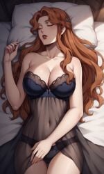 1girls ai_generated bigmic145 blue_dress braid breasts castlevania castlevania_(netflix) hair_ornament lenore_(castlevania) lips long_hair medium_breasts negligee orange_hair panties see-through see-through_clothing sleeping vampire vampire_girl wavy_hair