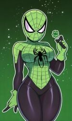 5_fingers ai_generated alternate_costume alternate_universe busty curvy female four-leaf_clover fully_clothed green_background green_costume marvel pixai saint_patricks_day simple_background slim_waist solo sparkles spider-girl spider-man_(series) tight_clothing