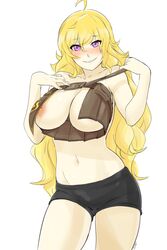 1girls abdomen areolae blonde_female blonde_hair breasts cleavage curvy cute embarrassed enf erect_nipples female female_only huge_breasts light-skinned_female nipple_slip nipples pink_nipples purple_eyes rwby shorts sinccubi skirt solo solo_female thick_thighs wardrobe_error wardrobe_malfunction wide_hips yang_xiao_long