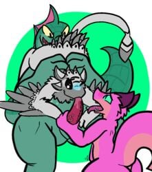 2017 aliasing anthro avali beastie_(abonshell) blue_blush blush cunnilingus erection fellatio female group group_sex kobold lizard male monster nude oral oreo_(colorshy) penetration penis reptile scalie sex size_difference spaffy straight threesome tongue tongue_out trout_(artist) vaginal_penetration