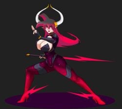 breasts demon_girl demon_horns fighting_stance huge_breasts lipstick mai_(supernova) multicolored_hair pink_eyes plugsuit sword