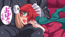 1boy 1boy1girl aokihoshi black_pants black_sclera black_shirt blush breasts closed_mouth clothing collared_shirt commentary_request elias_ainsworth erection eyebrows_visible_through_hair female flying_sweatdrops glans gloves green_jacket hair_between_eyes hand_on_another's_head hatori_chise horns jacket large_breasts long_sleeves mahoutsukai_no_yome open_mouth pants penis penis_on_face penis_with_face profile red_hair red_shirt shirt short_hair sitting speech_bubble straight sweat tagme talking_penis the_ancient_magus_bride translation_request white_glans white_gloves white_shirt wing_collar