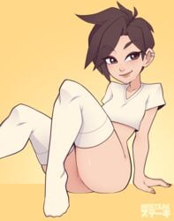 absurdres ass bottomless brown_eyes brown_hair ear_piercing female female_only highres mrsteak overwatch shirt smile socks solo thigh_socks thighhighs tracer white_shirt white_socks