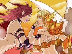 2girls against_wall angel angel_wings armor bikini_armor blonde_hair blue_eyes breasts dragon_girl dragon_wings eye_contact female female_only growingdragon large_breasts lips lipstick long_hair looking_at_another makeup moaning multiple_girls open_mouth outdoors parted_lips purple_eyes purple_lipstick red_hair red_lipstick sky smile sunset upper_body wings yuri