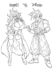 1boy 1girls abs alternate_version_available android_21 android_21_(human) bare_shoulders belt big_breasts black_and_white busty cleavage cleavage_cutout clothed clothed_female clothed_male clothes clothing coat curvy dragon_ball dragon_ball_fighterz dragon_ball_gt dress erect_nipple erect_nipples eyelashes female footwear front_view hand_on_hip hands_on_hip high_heels holding_object hourglass_figure human long_hair majuub male muscles muscular muscular_male nipple_bulge revealing_clothes shoes short_hair standing sun1sol text uub video_game video_games voluptuous wide_hips