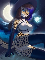 2017 anthro anus ariannafray_pr black_spots blue_eyes breasts brown_hair cheetah digital_media_(artwork) duo eyelashes fairy feline female fur hair hat mammal moon navel night nipples outside pussy sitting sky spots spotted_fur star starry_sky yellow_fur