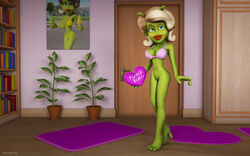 1girls 3d abs alien alien_girl artist_name bare_shoulders barefoot beauty_mark big_breasts bikini bikini_bottom bikini_top book bottomless curvy detailed_background eye_contact eyelashes female female_only front_view green_eyes green_skin half-dressed holding_object hourglass_figure humanoid indoors inside kondaspeter lipstick looking_at_viewer makeup marilyn_(planet_51) midriff mole no_panties planet_51 pose posing red_lipstick room shadow shaved_pussy shiny_skin solo standing swimsuit text thick_lips tree voluptuous watermark what white_hair wide_hips