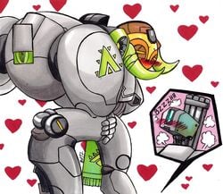 2d ambiguous_gender bastion_(overwatch) blizzard_entertainment blush centaur duo equine equine_taur female_focus living_machine looking_at_viewer machine mammal omnic orisa overwatch pussy robot simple_background smile solo_focus taur traditional_media_(artwork) video_games