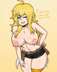 <3 1girls ahoge big_breasts bmayneart breasts confident dialogue eyebrows_visible_through_hair first_post_of_artist long_hair nipples open_mouth purple_eyes rwby shiny_skin simple_background solo solo_female solo_focus text thighhighs topless topless_female yang_xiao_long yellow_hair