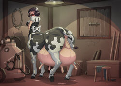 2017 anus barn bovine bovine_pussy bovine_taur bucentaur cattle clothing detailed_background dotoro_(artist) female horns inside maid_uniform mammal pussy solo taur teats udders uniform veiny_udders