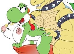 1boy 1girls anthro ass ass_grab big_breasts bowser breast_grab breasts collar duo erection female female_focus hand_on_butt hyper hyper_penis koopa larger_male looking_at_another looking_back male mario_(series) muscular muscular_male nintendo nipples nude open_mouth penis scalie seii3 seiiartworks size_difference smile straight tapering_penis video_games voluptuous yoshi